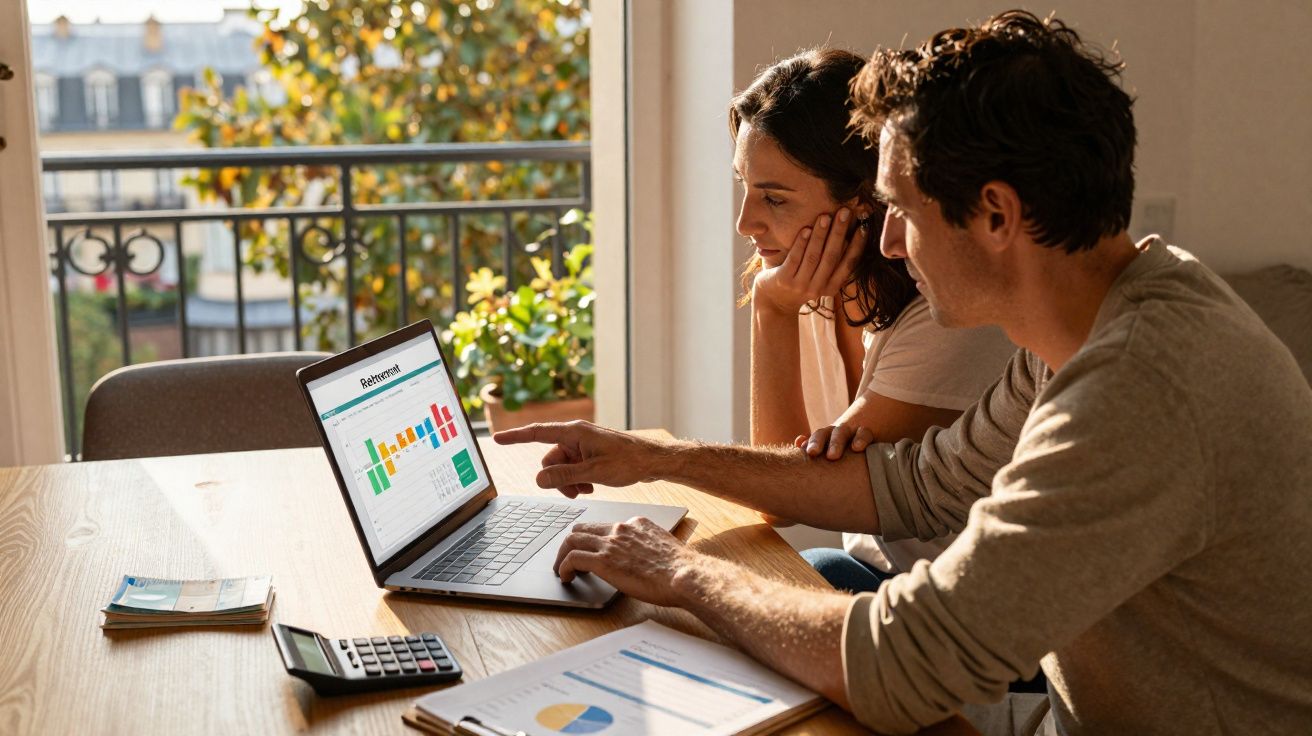 Un couple consulte un graphique financier de retraite sur un ordinateur portable près d'une fenêtre lumineuse.
