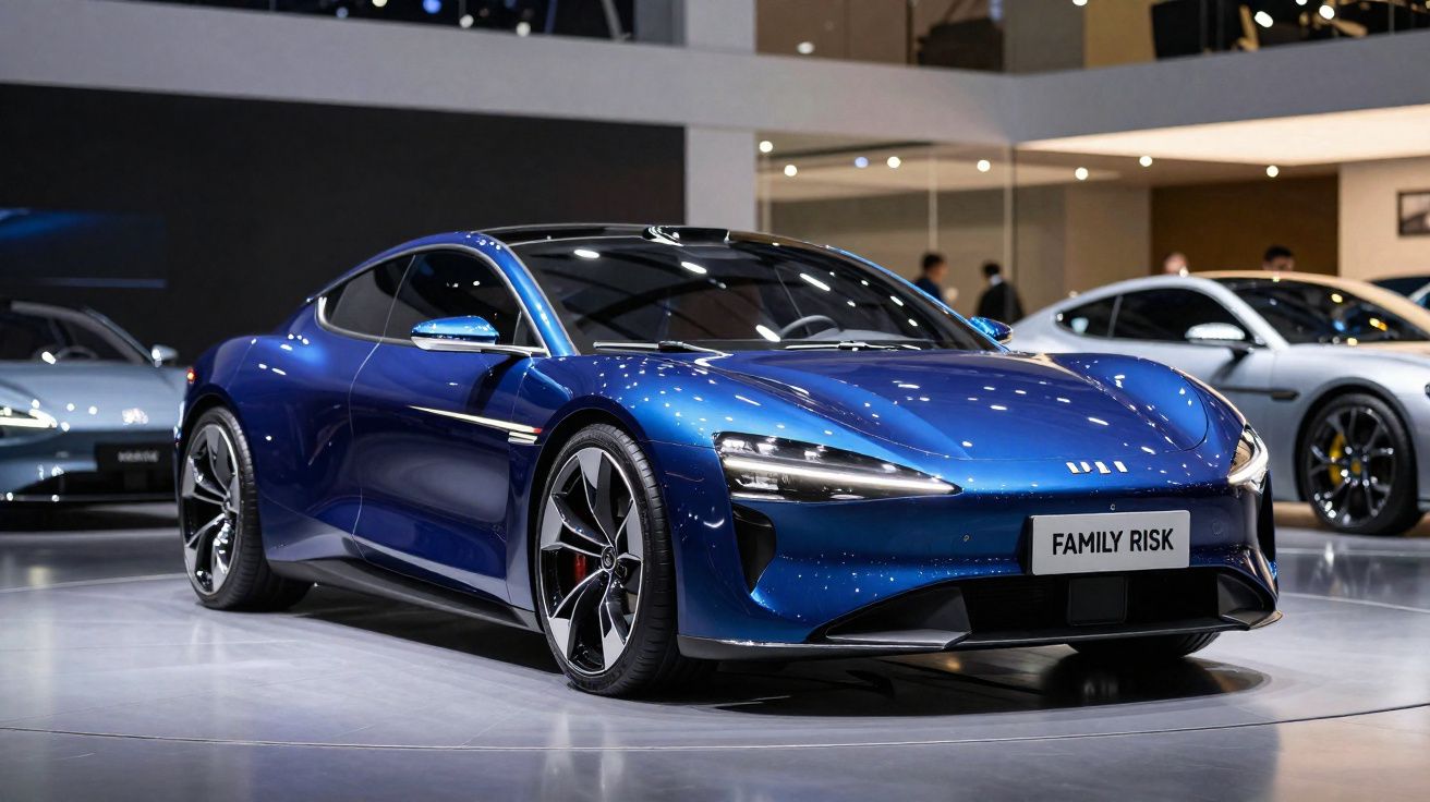 Voiture de sport électrique bleue brillante exposée dans un salon automobile moderne avec éclairage intérieur.