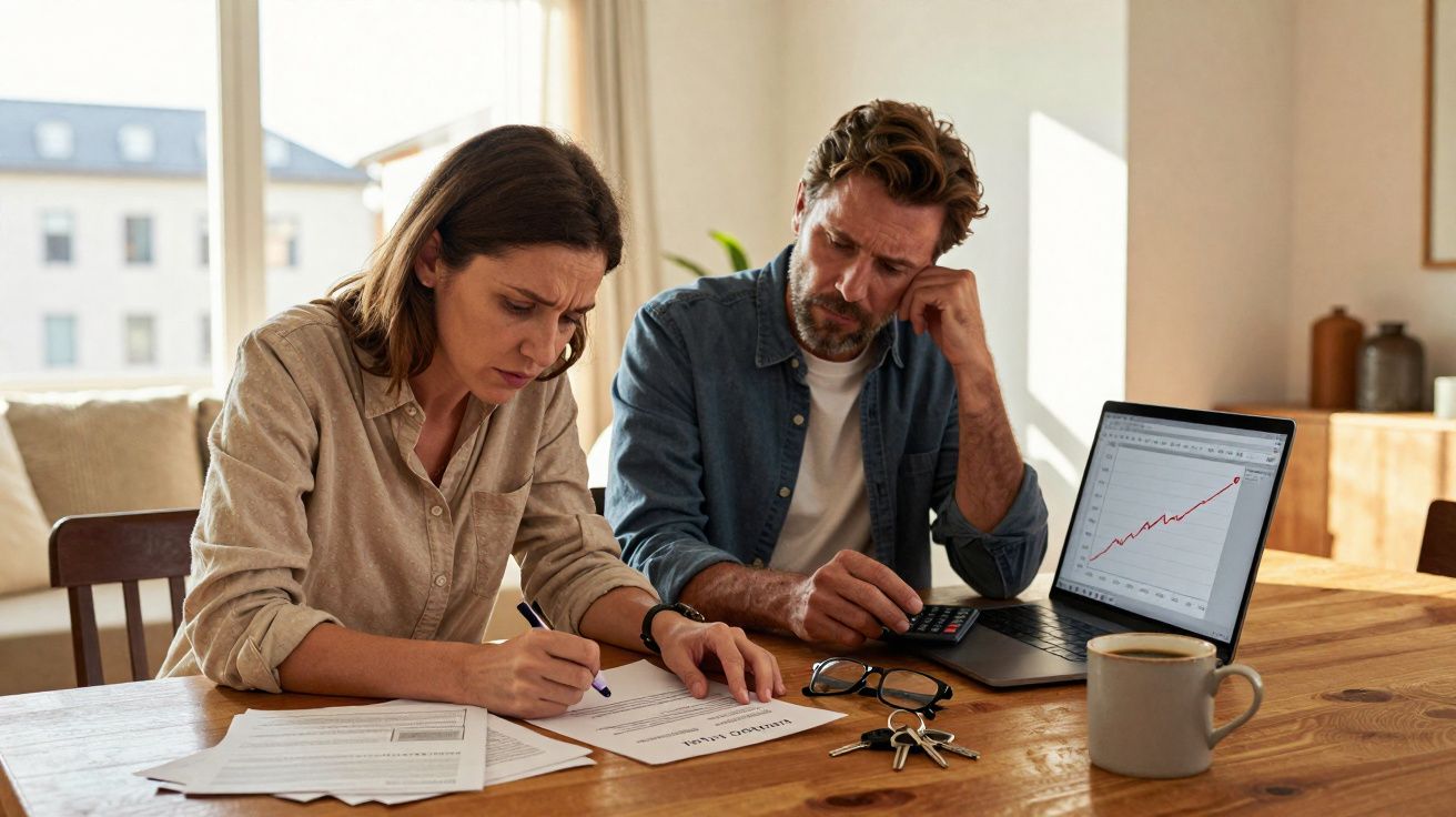 Couple concentré vérifiant des documents financiers à table, ordinateur avec graphique, tasse et clés près d’eux.