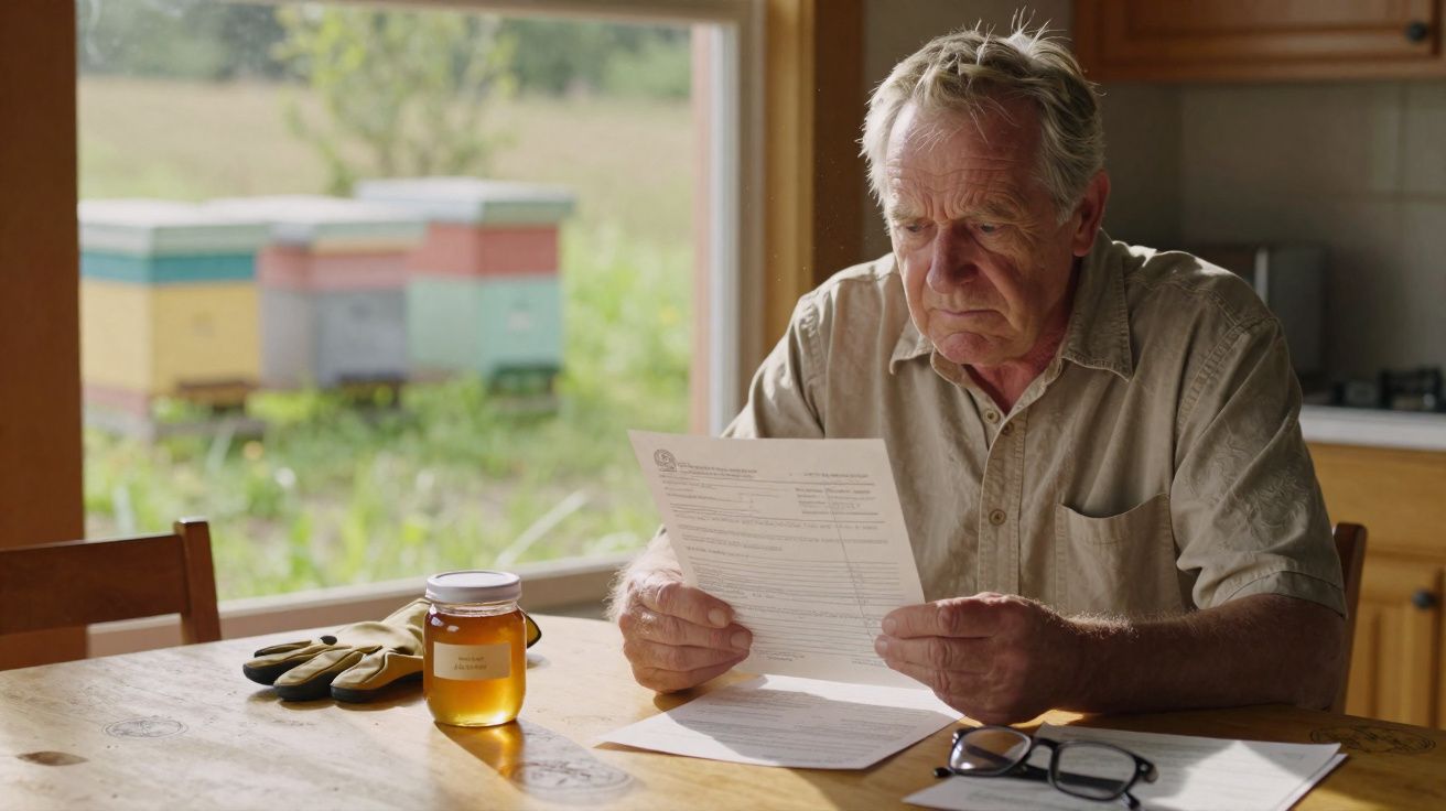 Homme âgé assis à une table lisant un document, pot de miel et ruches visibles à l'arrière-plan.