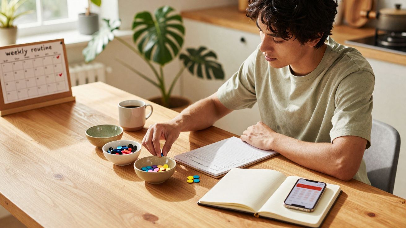 Jeune homme assis à une table, triant des jetons colorés avec un carnet, un smartphone et une tasse de café.
