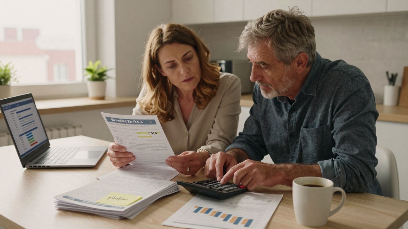 Un homme et une femme calculent des finances à table avec des documents, une calculatrice et un ordinateur portable.