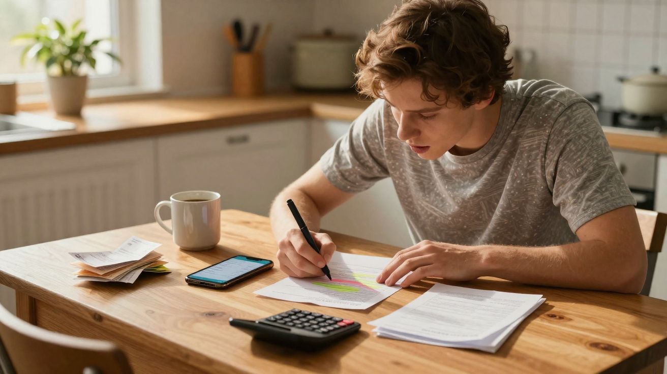 Jeune homme concentré assis à une table, soulignant un document avec un stylo, entouré de papiers et calculatrice.
