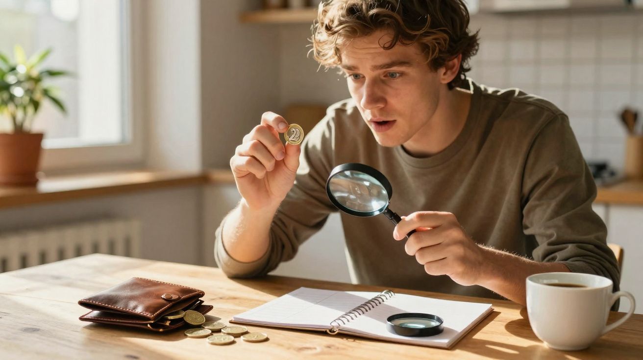 Jeune homme avec une loupe examinant une pièce de monnaie à table, avec portefeuille et carnet ouvert.