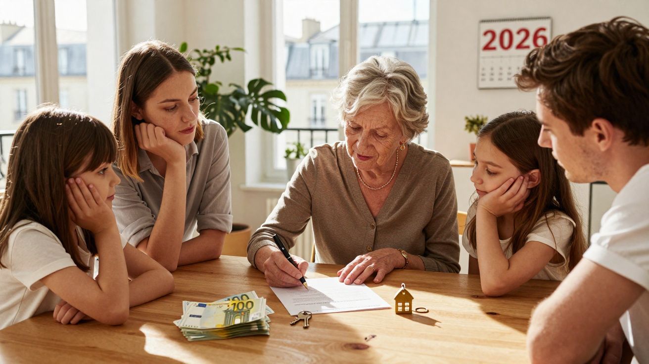 Une femme âgée signe un document entourée d'une famille avec des billets, clés et une maison miniature sur la table.