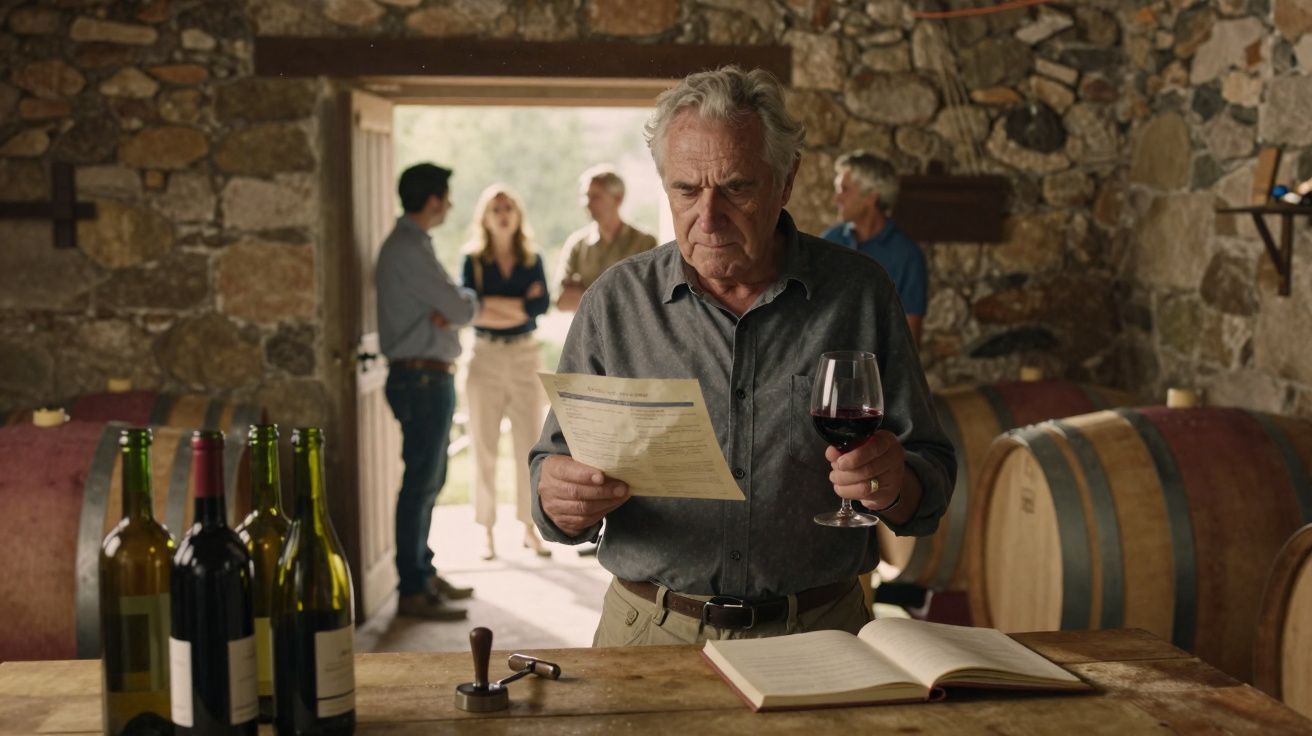 Homme âgé tenant un verre de vin rouge et un document dans une cave à vin avec des bouteilles et des tonneaux.