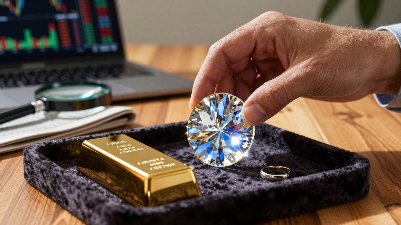 Main tenant un diamant taillé posé sur un plateau avec une lingot d'or et une bague, ordinateur en arrière-plan.