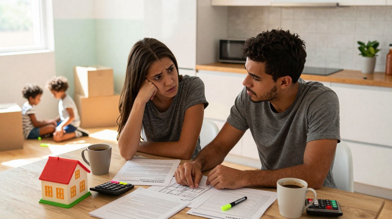 Un couple préoccupé discute de finances à table tandis que deux enfants jouent dans le salon lumineux.