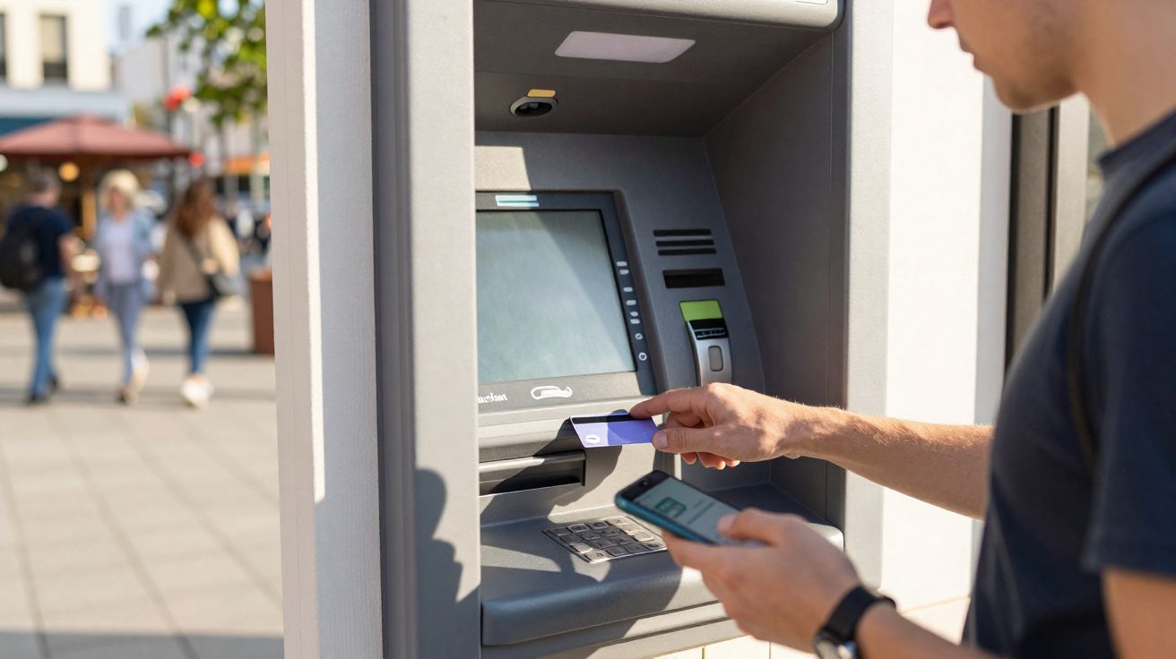 Homme insérant une carte bancaire dans un distributeur automatique de billets en extérieur, tenant un smartphone.