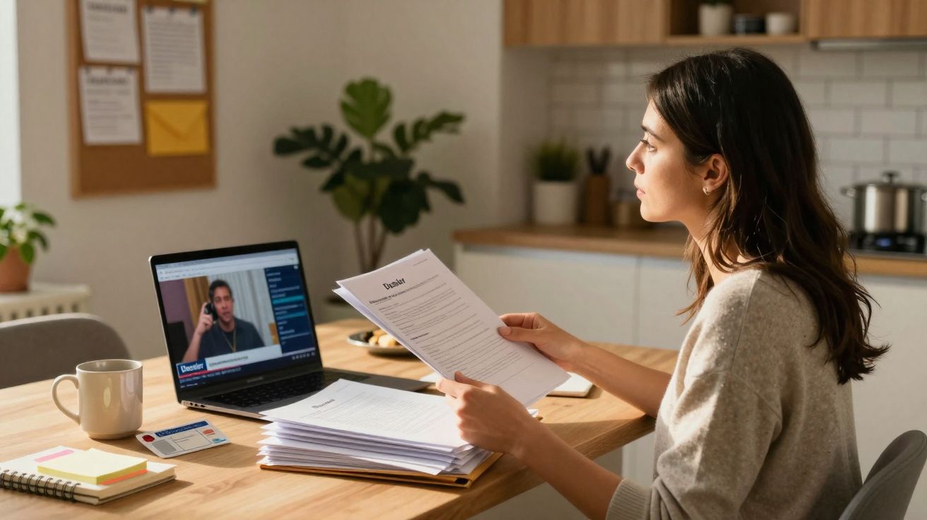 Jeune femme travaillant à domicile, tenant des documents devant un ordinateur portable en visioconférence.