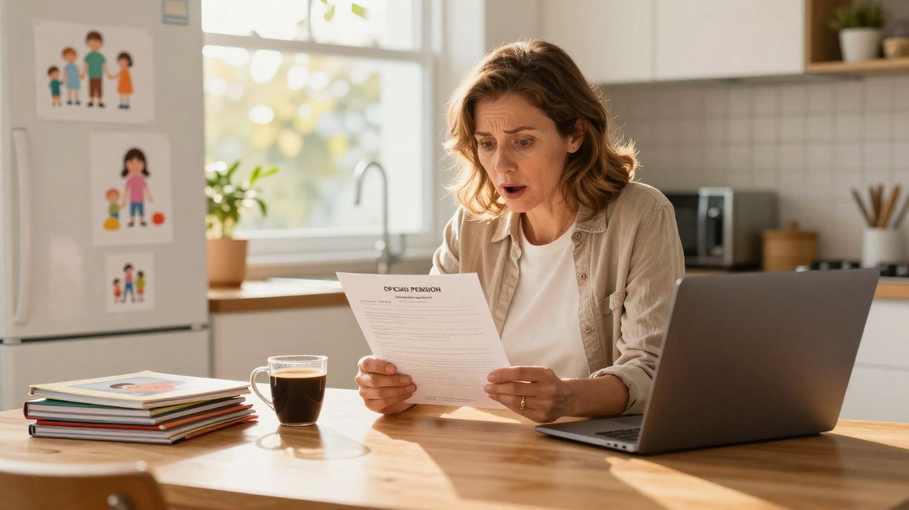 Femme surprise lisant un document à la cuisine, avec un ordinateur portable et une tasse de café sur la table.