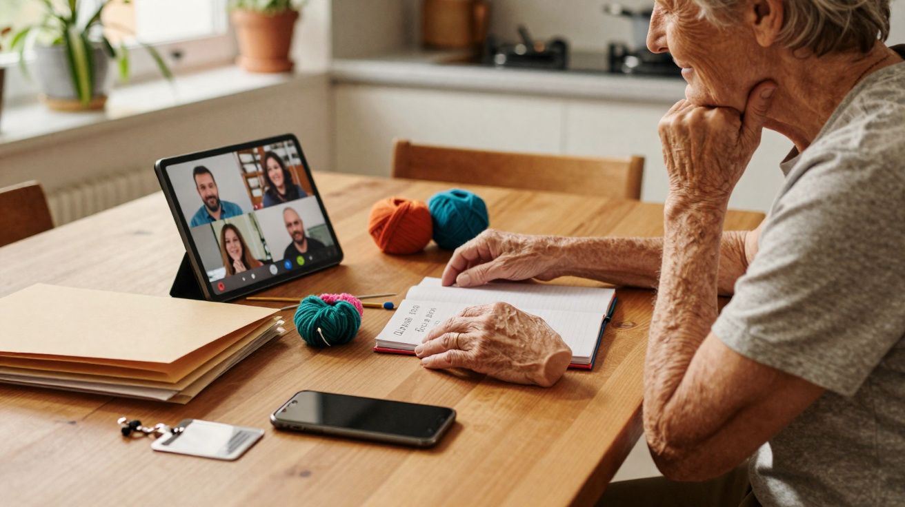 Personne âgée participant à un appel vidéo sur tablette, avec carnet et pelotes de laine sur la table.