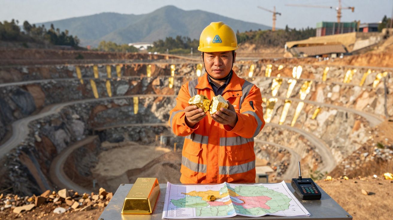 Un mineur en casque et tenue orange montre des pépites d'or dans une mine à ciel ouvert, avec une carte et lingot sur une tab