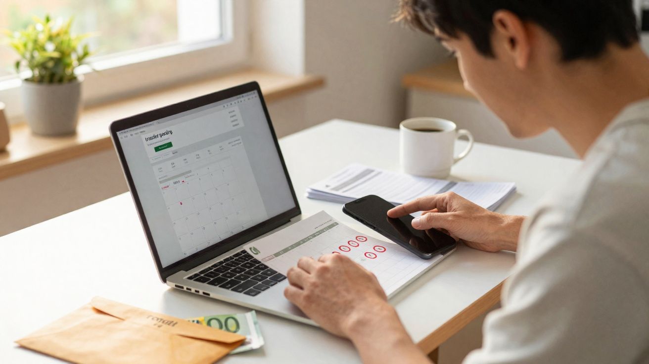 Personne utilisant un smartphone et un ordinateur portable avec un calendrier sur l'écran, tasse et enveloppe sur la table.