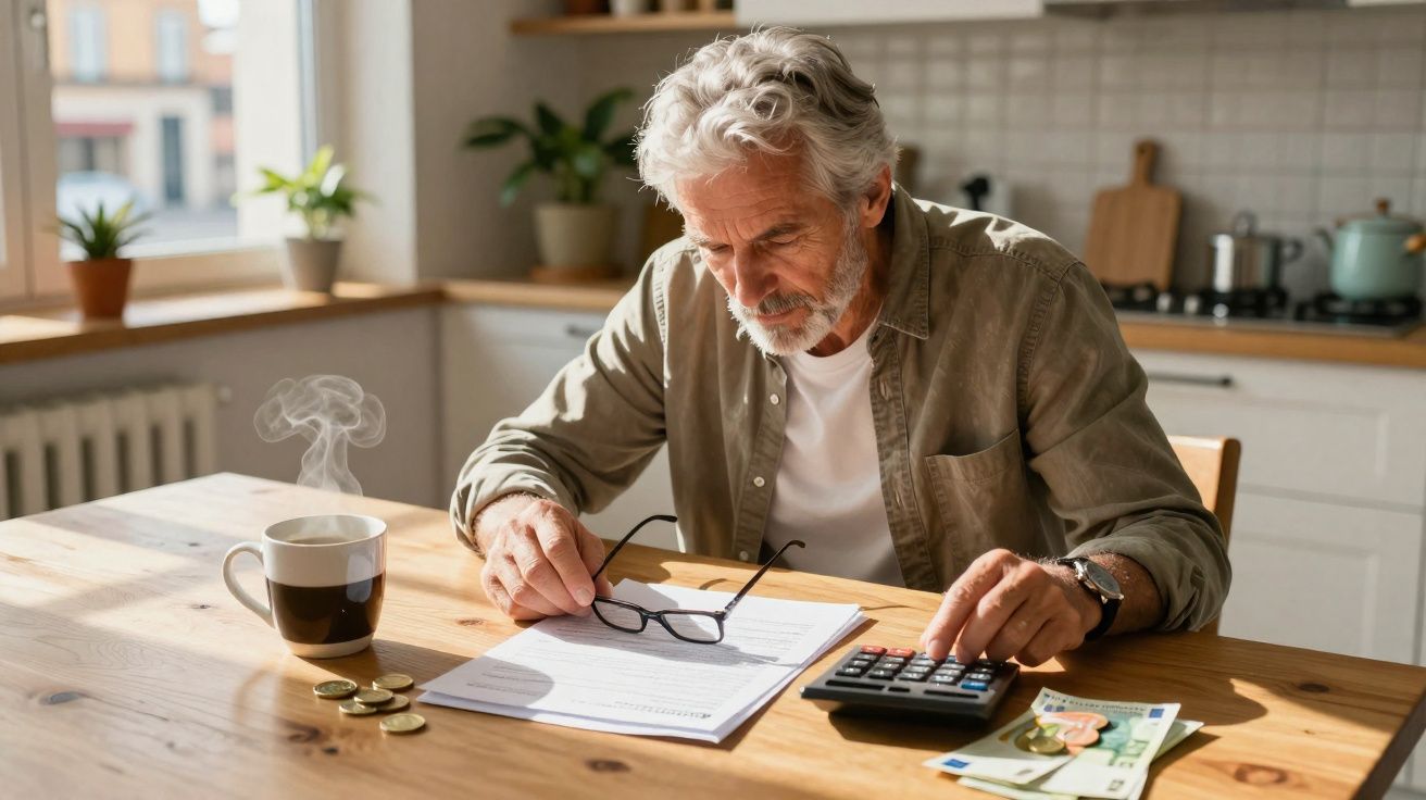 Homme âgé travaillant ses comptes à la cuisine avec calculatrice, papiers, pièces et tasse fumante.