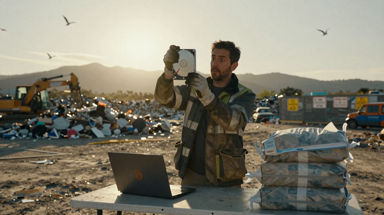Homme portant des gants tenant un disque dur devant un ordinateur portable sur une table en plein air, décharge en arrière-pl
