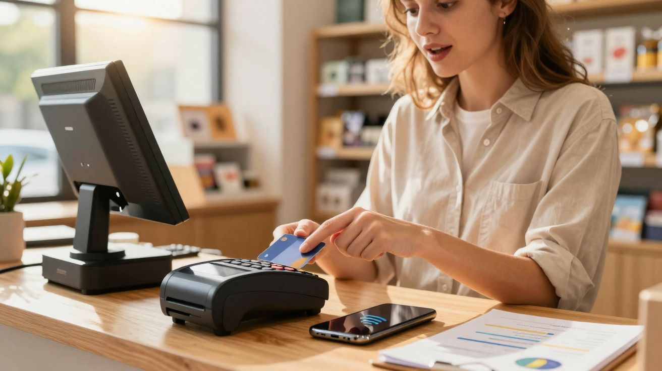 Jeune femme effectuant un paiement sans contact par carte bancaire dans un magasin moderne.