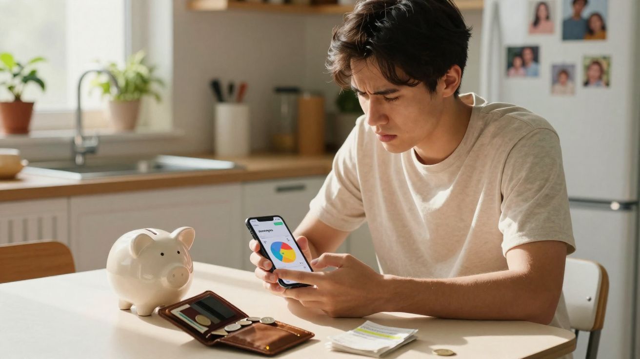 Jeune homme concentré utilisant une application de gestion financière sur son téléphone à la cuisine.
