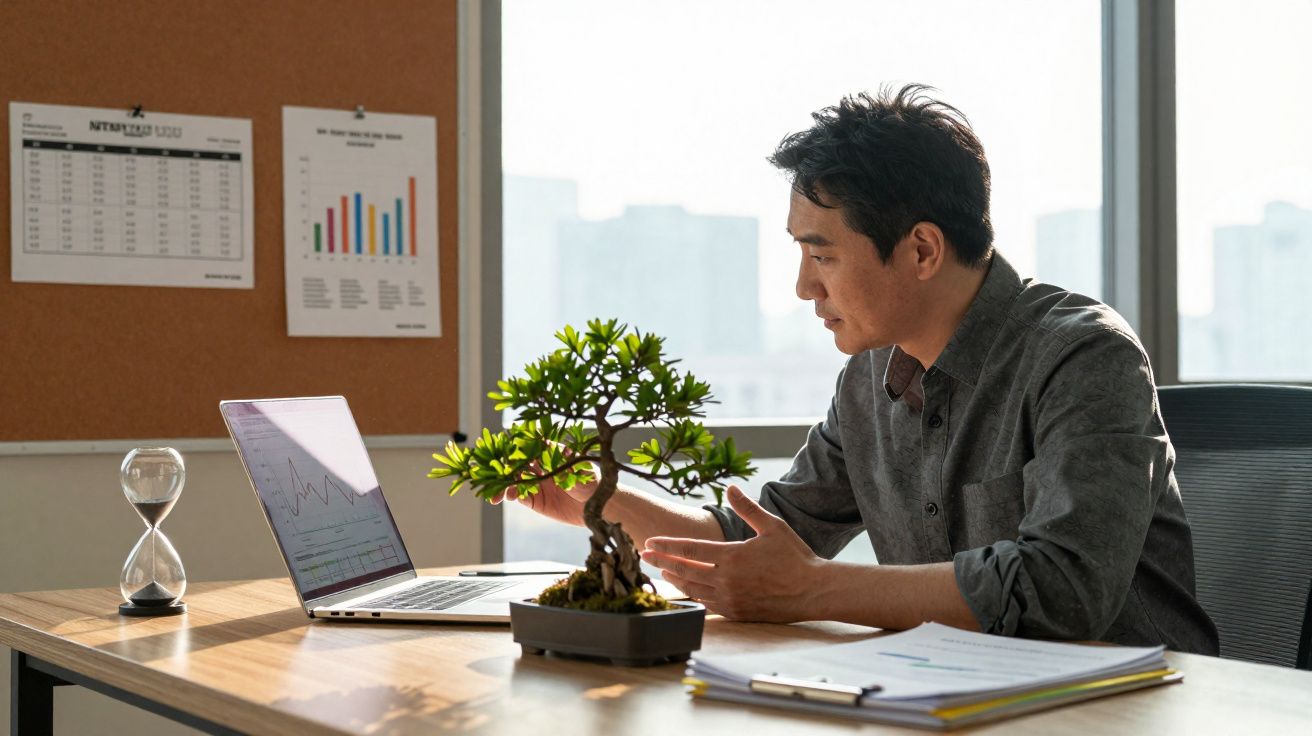 Homme travaillant à un bureau avec un ordinateur portable, une plante bonsaï et un sablier à côté.