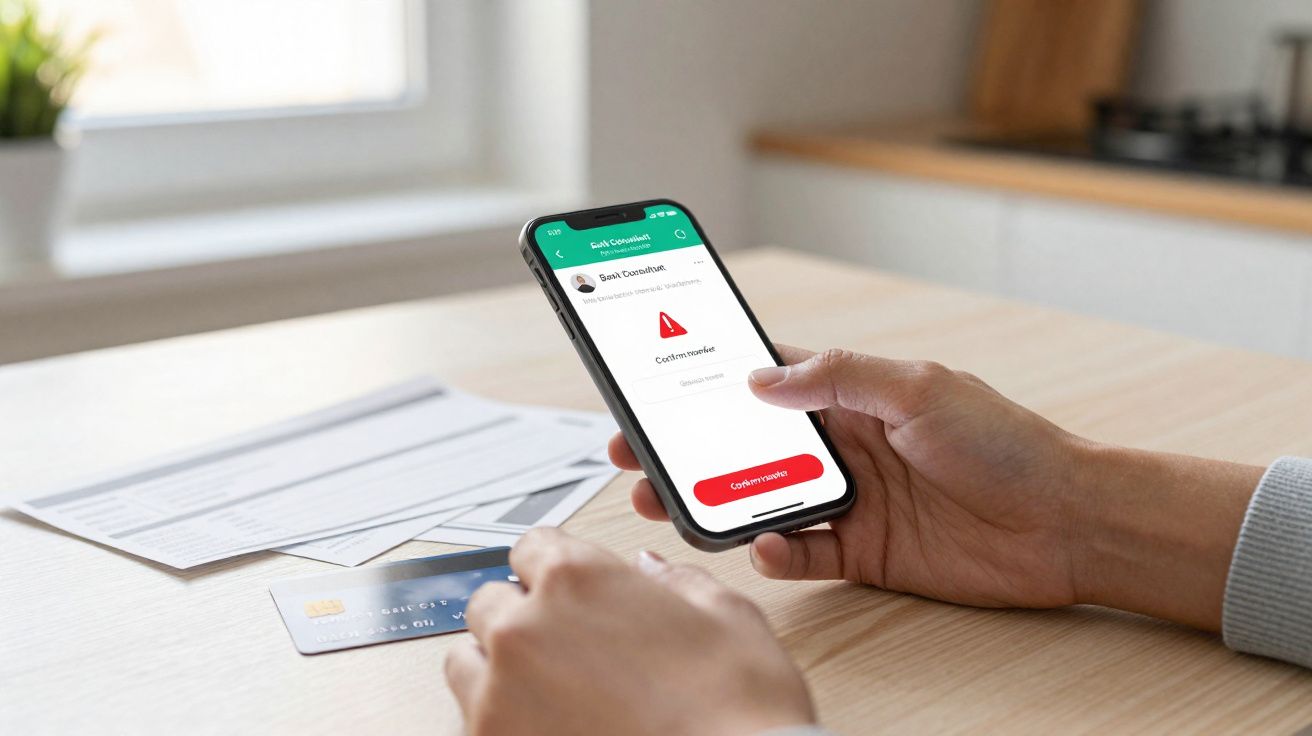 Personne tenant un smartphone avec une alerte de confirmation et une carte bancaire posée sur une table.