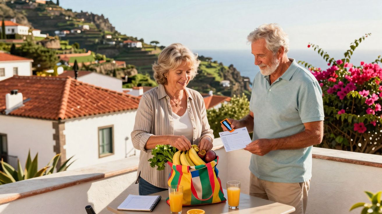 Couple senior souriant préparant des courses avec smartphone et liste sur une terrasse ensoleillée.